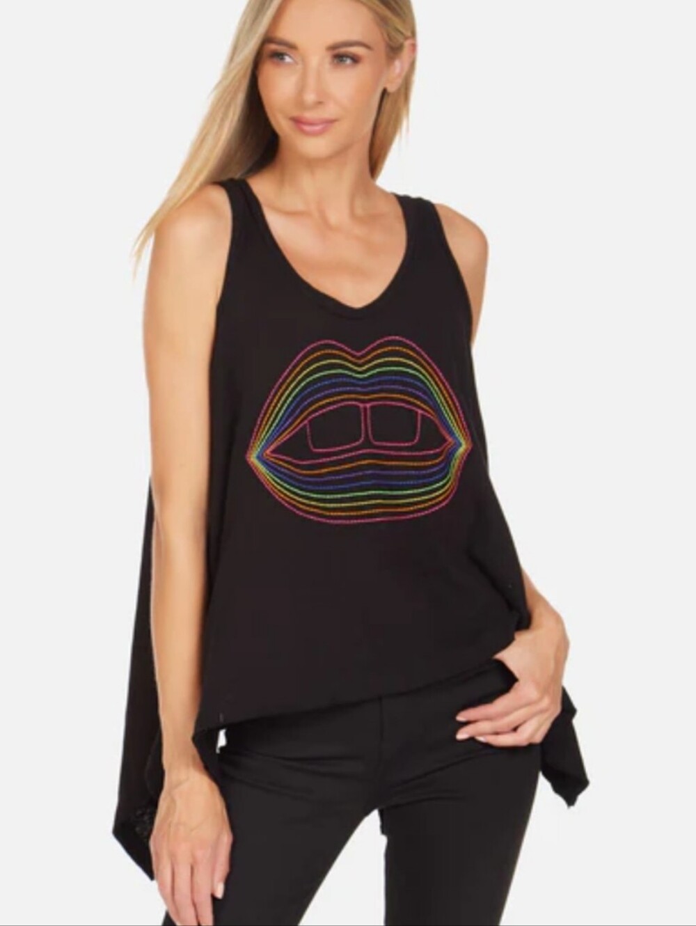 Lauren Moshi Gladys Rainbow Lip Outline Hankerchief Hem Loose Lagen Tank Top